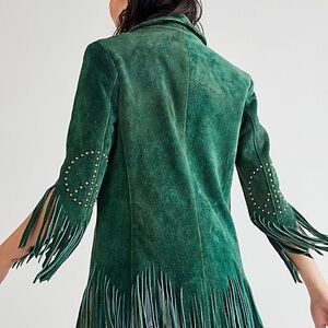 Green leather fringe blazer jacket